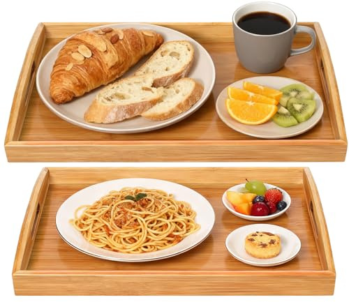 2-Pack Bamboo Serving Trays with Handles, 16 and 13, Decorative Food Tray Set for Breakfast, Coffee, Tea, Snacks, Ideal for Coffee Table, Ottoman, Living Room & Kitchen