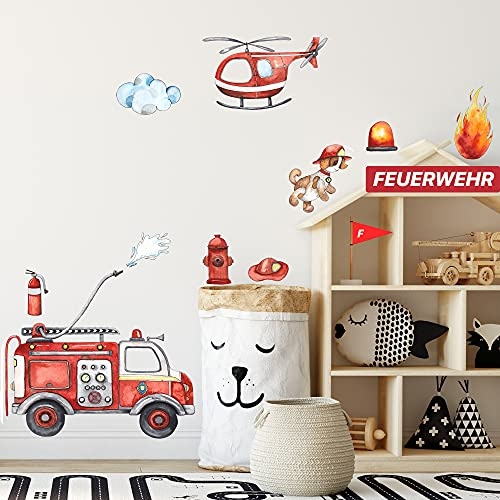 WANDKIND Feuerwehr Wandtattoo Set V246 | handgezeichnet | AUFKLEBER Kindergarten | Wandsticker Kinderzimmer Deko Helikopter Hubschrauber Feuerwehrhund Fahrzeug Auto Feuerwehrauto (100 x 100 cm)