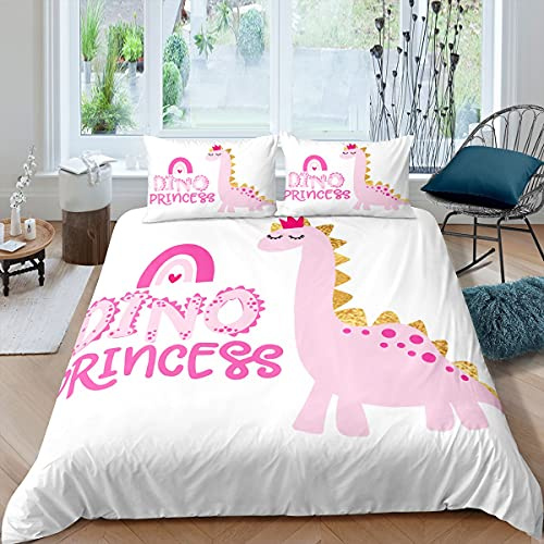 Loussiesd Dinosaur Duvet Cover Kids Girls Pink Cute Dino Bedding Set Princess Style Comforter Cover for Children BedJungle Animal Bedding & Linen Double Size With 2 Pillow Case