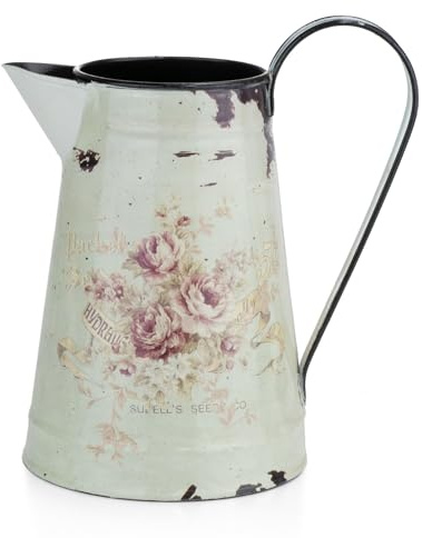 Moritz Arrosoir décoratif vintage en métal - 20 cm - Motif roses - Look usé - Vase à fleurs séchées - Style maison de campagne - Vert menthe - Décoration d'intérieur rétro - Décoration de table - Idée