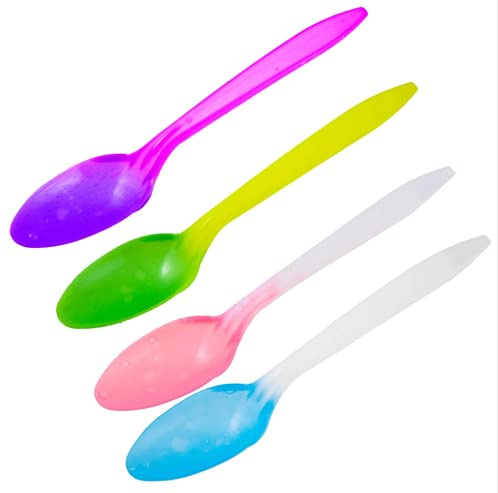 Color Changing Reusable Spoons, Pack of 25, Assorted Colors, BPA Free, USA Packed reacts to cold food temperatures and changes color -yogurt, ice cream, gelato, cold drinks