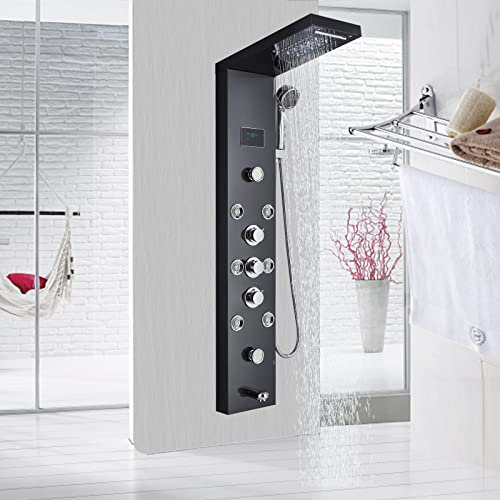 Sistema de panel de ducha de baño Torre montado en la pared Hidráulica LED Hidromasaje Temperatura Pantalla de ducha Cascada Ducha de mano Negro Acero inoxidable
