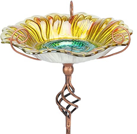MUMTOP Vogeltränke für den Außenbereich, Vogeltränke aus Glas, Vogeltränke, Sonnenblumen-Vogelfutterspender mit Pfahl für Garten, Hof, Dekoration (Gelb)