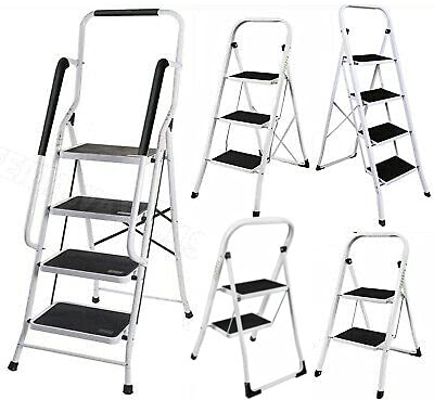 Scaletta Pieghevole 4 Gradini con Corrimano e Battistrada Antiscivolo, Scala Acciaio Portatile e Leggera, Sgabello con Gradini per Cucina, Lavoro fai da te, Capacità 150 kg, 154cm