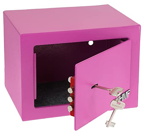 HMF Caja fuerte con llave, caja fuerte para muebles, safe compacto y resistente para hogar, oficina o hotel | 23 x 17 x 17 cm | Rosa