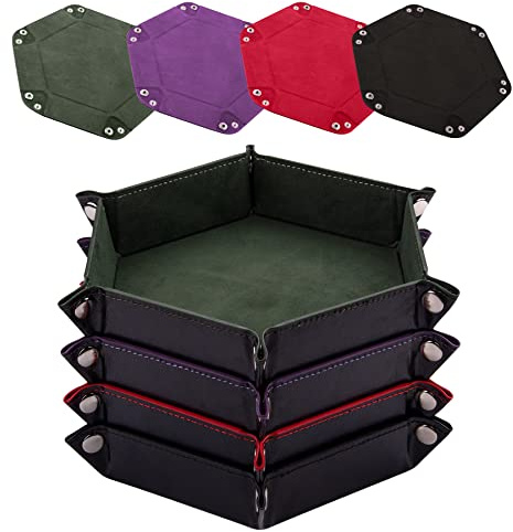 SIQUK 4 Pieces Dice Tray Hexagon Dice Rolling Tray Folding PU Leather Velvet Dice Tray for RPG DND and Other Dice Game (Dark Green, Violet, Red, Black)
