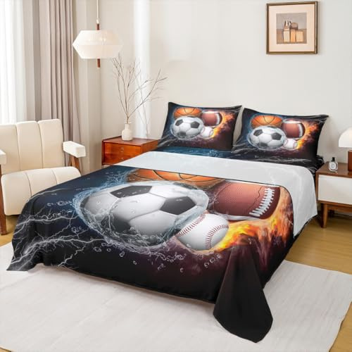 Erosebridal Sports Bed Sheets Boys Full Size,Baseball Soccer Sheet Set Kids Teens Basketball Football Sheets Ball Games Flat Sheet,Fire Ice Trippy Lightening Decor 4Pcs Soft Luxury
