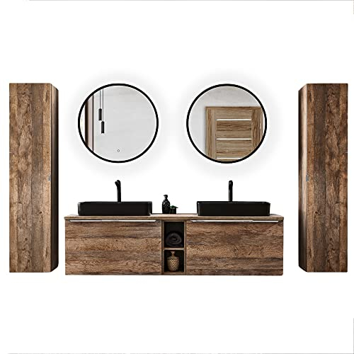 Lomadox Badezimmermöbel Badmöbel Komplett Set, Vintage Oak Eiche, 180cm Waschtischunterschrank mit Regal, Keramik Doppel-Waschtisch, 2 LED-Spiegel und 2 Hochschränke