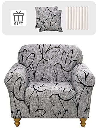 Lydevo Housse de Canapé 1 Place Housse Canapé Extensible avec Accoudoir avec 2 Housses de Coussin Couverture de Canapé Élastique Universelle Antidérapante Revêtement de Canapé(1 Place,Fleurs Grises)
