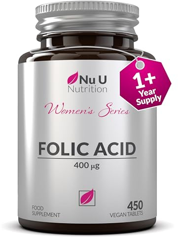Folic Acid 400 mcg - 450 Vegan Tablets - 15 Month Supply - High Strength Pregnancy Vitamins for Women - Vitamin B9 Supports Maternal Tissue Growth During Pregnancy - Prenatal Vitamins