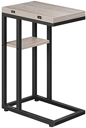 HOOBRO C-Form Beistelltisch, Klappbarer Sofatisch, Couchtisch, Kaffeetisch Snacktisch mit Lagerregal, Schmaler Nachttisch für Wohnzimmer, Schlafzimmer, Metallrahmen, ​Greige und Schwarz EBG29SF01