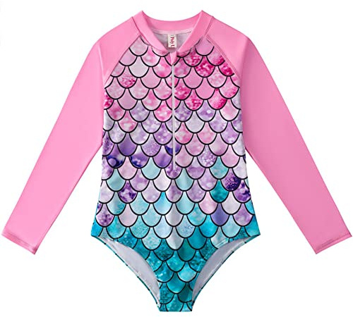 PythJooh Little Girls One-piece Swimming Costumes Kids Long Sleeve Zipper Swimwear Bathing Suit Rash Guard Set for 4-12Years Teen Girls Pink