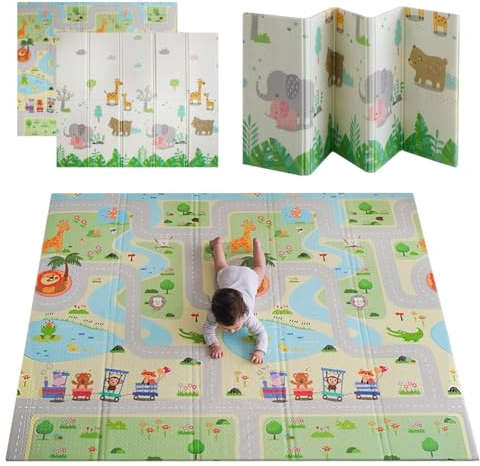 MIKMEL Tapis de Jeu pour Enfants. Tapis de Sol Bébé en Mousse Pliable Réversible (Routes/Animaux, Grand)