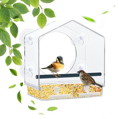Window Bird Feeder with Strong Suction Cups Acrylic Wild Bird Feeder House Hanging Bird Feeder Bird Seed Feeders with Drain Holes for Wild Bird, Small Bird