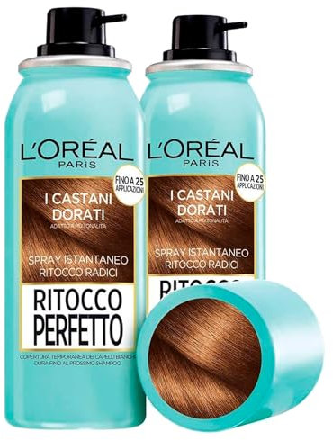 L'Oréal Paris Retuschieren Perfektes Sofort-Spray für weißes Haar, vorübergehende Abdeckung der Wurzeln, schnelltrocknend, Farbe Goldbraun, 2 Flaschen à 75 ml