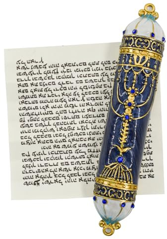 MrMrKura Mezuzah with Scroll for Door, Enamel&Zinc Alloy Blessing Mezuzah Case for Door, Colored Painted Mezuzha Scroll Kosher for Jewish Gifts/Jewish Decor, Christmas (Blue, 5 * 0.86 in)