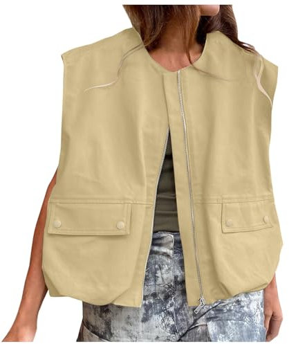 üBergroßE Cargo-Weste FüR Damen, Weste äRmellos,LäSsig, äRmellos, Lockere Passform, Gilet,Leichte,Anglerweste,ReißVerschluss, Blazer, Weste, Tops Mit Taschen 003 Gelb?S