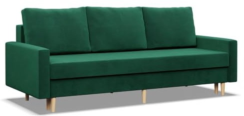 Mebligo - Schlafsofa mit Schlaffunktion und Bettkasten Blank, 3 Sitzer 212 cm Breit, Bonellfederkern im Sitz, Ausziehbares Couch auf Holzfüßen, Flaschengrün