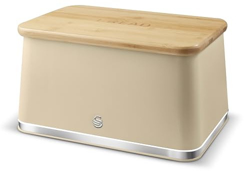 Swan Nordic SWKA18523OAT Bread Bin with Iron Body, Non-Slip Base, Stylish Soft Touch Matt Finish and Acacia Wood Pull Up Lid, 16L, Oatmeal