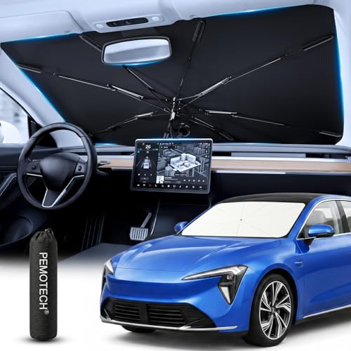 PEMOTech Faltbarer Sonnenschutz Auto mit 5-Layer Nano, Sonnenblende Auto, Sonnenschutz Auto Frontscheibe, 360° Drehbar, UV-Schutz, Hitzeschutz, Anti-Puncture für die meisten Fahrzeuge (132×76cm)