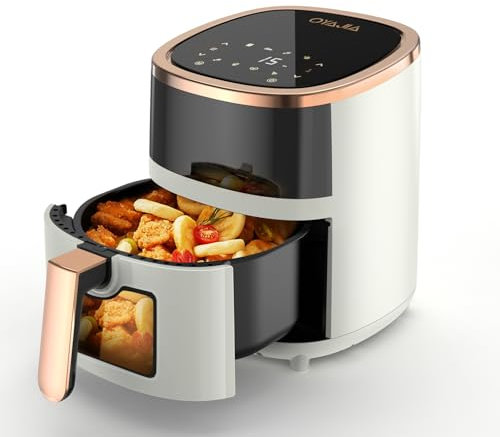 Heißluftfritteuse 6L Airfryer mit 8 Programme, Rapid Air Heißlufttechnologie, Touchscreen, Sichtfenster, Max 200°C, 1200 W, Spülmaschinenfest, Fritteuse ohne Öl, Grillen,Backen,Braten (Weiß 1)