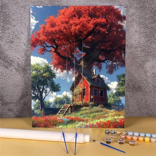 Aimaor Malen Nach Zahlen Erwachsene DIY Rotes Baumhaus mit Rahmen Handgemalt Ölgemälde Kit für Anfänger mit Pinseln und Acrylfarben Paint by Numbers Kit für Geschenk Heimdekoration - 40x50cm