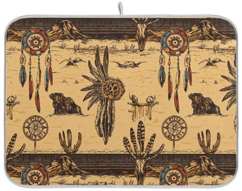Western Cowboy Dream Catcher Indian Headdress Hats Large Desert Drying Mat Absorbent Drying Mat and Rack Quick Dry Kitchen Matte Kitchen Counter Gadgets Large 18x24 Inch