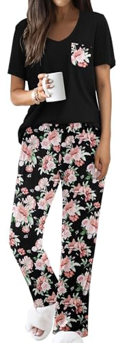 Famulily Schlafanzug Damen Kurzarm Zweiteilige Sommer Outfits V-Ausschnitt Loungewear Tops und Loose Fit Wide Leg Printed Hose mit Taschen S-XXL