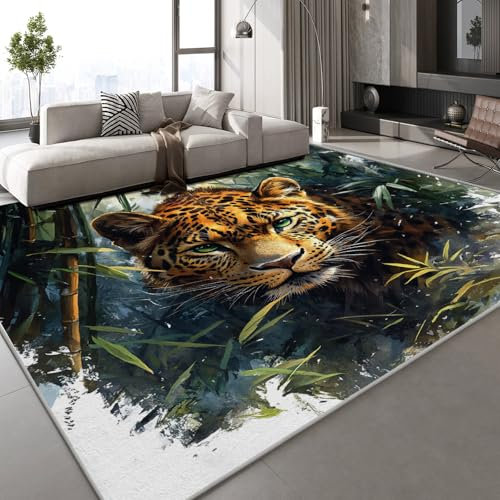 Generisch Leopard Bambus Teppich Kinderteppich Modern 3D Malerei Kunst Teppich Kinderzimmer Kurzflor Teppiche rutschfeste Spielteppiche für Schlafzimmer Wohnzimmer Zimmer 140x200 cm