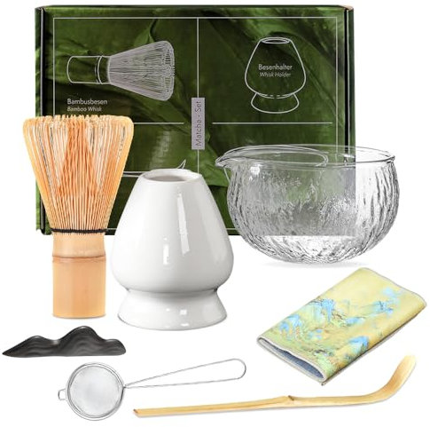 7Pcs Matcha Whisk Set, 500ml Ceramic Bowl, Matcha Kit for Ceremony, Matcha Tea Set for Making Breakfast/Latte, Matcha Tea Set for Tea Lovers, Beginners and Enthusiasts, Glass-Clear Bowl