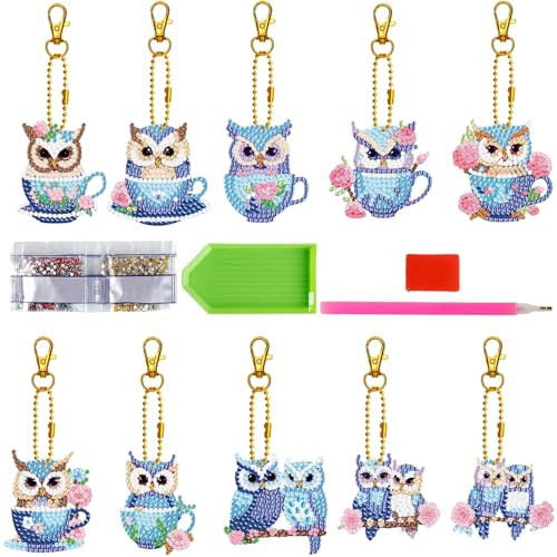 ZZHBSR Diamond Painting Schlüsselanhänger 10PCS DIY Diamanten painting Anhänger Set Eule 5D Doppelseitig Diamant Malerei Schlüsselbund,kreativ set für erwachsene Basteln für Anfänger