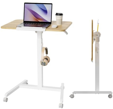 ETHU Höhenverstellbarer Beistelltisch, Mobiler Schreibtisch mit Rollen, Laptoptisch für Sofa Bett, Couchtisch 90° Neigbare Gasfeder-Platte (65 cm), Vielseitiger Rolltisch für Zuhause