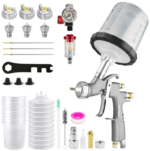 BENTOHKLE D1 LVLP Pistola a Spruzzo con 10pcs 650ML Tazza di Vernice usa e getta, 3 ugelli da 1,3/1,5/1,7 mm LVLP Pistola Verniciatura de regolatore d'aria Automotive Pistola per Vernice Professionale