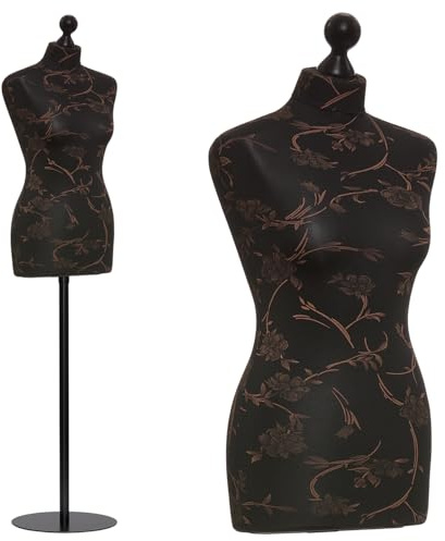 DummyDoll Schneiderpuppe weiblich Größe 34/36, Überzug schwarz braune Blumen, Fuß Metallteller + Knauf schwarz