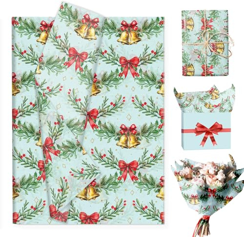100 Blatt Seidenpapier Weihnachten Seidenpapier Blumen Weihnachtspapier Glockenmuster für Geschenkpapier Geburtstag Babyparty Hochzeit Valentinstag Weihnachten Geschenkverpackung,50x35cm