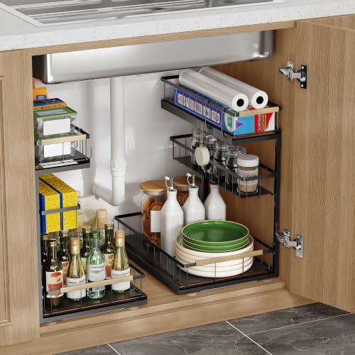 Kitchen Under Sink Storage Organiser Black 3 Tier 2 Pack | Undersink Organisation for Cupboard Metal Pull Out Cabinet Drawers Sliding Cleaning Shelf Organizer Solutions for Bathroom