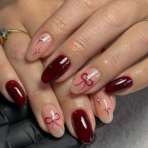 24pcs Almond False Nails - French Tips Stick on Nails - Deep Wine Red Pink Bow Star Press on Nails with Glue - Removable Glue-on Nail Women Brides Nail Art Accessories