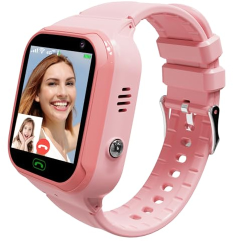 JKCKO 4G Kids Smart Watch GPS Tracker, Boys Girls Kids Smartwatches Phone Watch Video Call SOS Emergency Alarm Voice Chat Game and Touch Screen Tracking Smartwatch for Age 4-12 (Pink)
