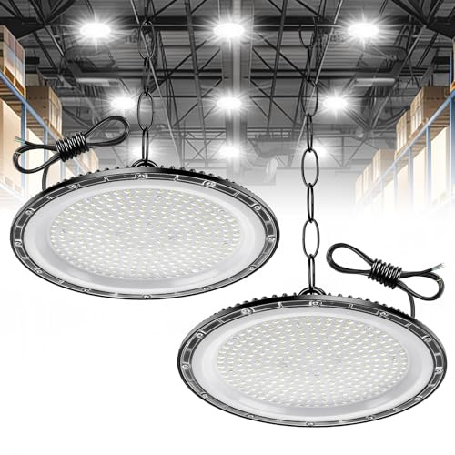 Dibaful 2 Unidades de lámpara LED para taller de 500W 6500K blanco frío, foco de techo | IP65 UFO resistente al agua, iluminación para naves industriales, foco para naves industriales industrial
