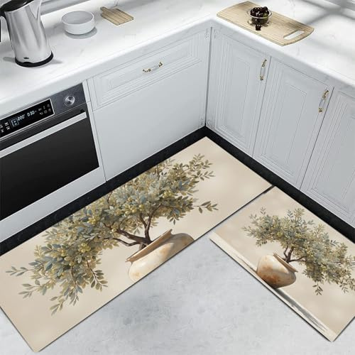 Alfombras de Cocina Retro campestre Juego de 2 Piezas Alfombras con Olivo en una Maceta, Antideslizantes y Lavables para Entradas Cocinas Vestíbulos, Verde Oliva, 60x90cm+60x180 cm