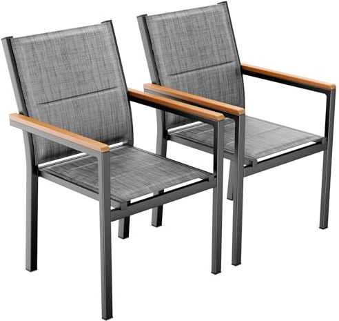 LIFERUN Gartenstuhl 2er Set, Alu, mit Gesteppte Rückenlehne & Sitzfläche, Stapelbarer Esszimmerstuhl, WPC Handlauf, Balkonstühle, für Terrasse, Balkon, Terrasse, Pool, Restaurants, Leinengrau, 2 PCS