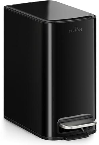 mVm Bathroom Pedal Bin, 6L Small Slim Stainless Steel Trash Can with Lid & Removable Inner Bucket, Fingerprint-Proof Compact Waste Bin for Bathroom, Bedroom & Office (1, Black, 6L)