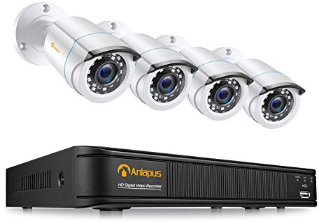 Anlapus 1080P Kit di Sorveglianza DVR 8CH H.265+ Videoregistrator con 4pcs Telecamera Esterno, Senza HDD, Visione Notturna, Allarme E-mail, P2P