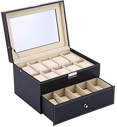 GOTOTOP Uhrenbox aus Holz und Leder, 20 Uhren Aufbewahrung Organizer mit Schublade, Elegant Uhrenkoffer für Schmuck und Armbanduhren