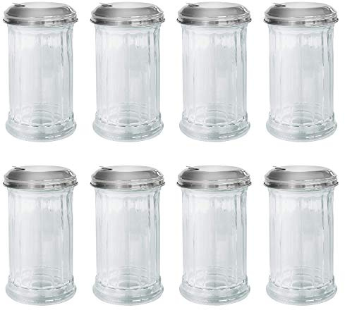 Lucenté Set of 8 Sugar Dispensers - Stylish Retro Glass & Stainless Steel Pourers with Functional Flip Top Opening - 13.5cm (H) x 7.5cm (W) - Suitable for Domestic & Commercial Settings.