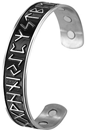 TEAMER Pulsera de acero inoxidable con 24 runas, diseño de moda, brazalete vikingo, plata envejecida, color negro, para hombre
