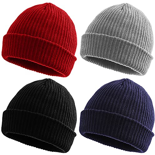 4 Pack Winter Hats for Men Women, Soft Stretchy Unisex Knitted Beanie Hat Cuffed Ribbed Head Warmer