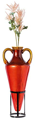 Uniquewise Große, Spitze Amphore im römischen Stil, 88,9 cm, Bodenvase auf Metall-Ständer, Rot und Gold