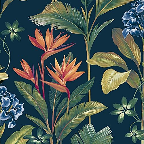 Oliana Navy Wallpaper Green Blue Floral Tropical