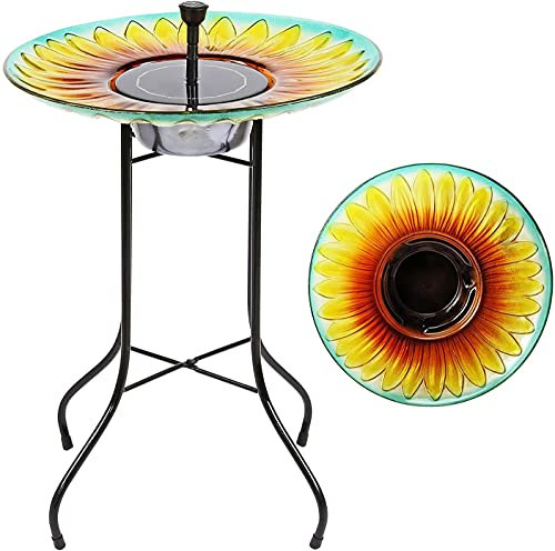 Greenfields Solar Powered Sunflower Bird Bath Pond Decor Fountain – Non Slip Feet – Painted Solar Power Fountain – Outdoor Garden Patio Decoration Water Feature – 16 Inch Birdbath